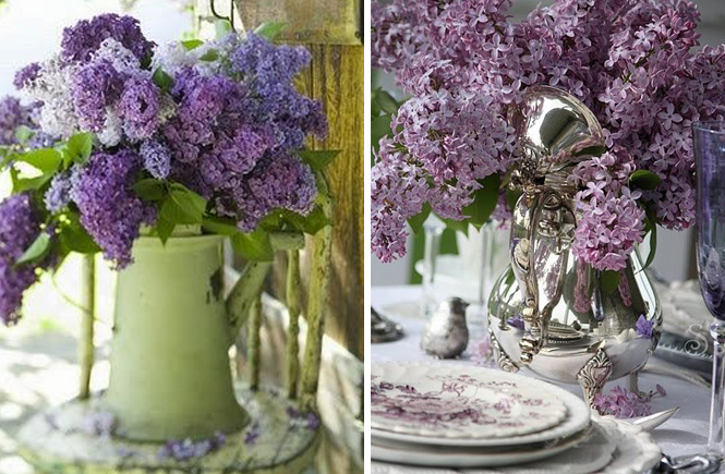 Photo d'un pichet et d'une théière en argent avec un bouquet de lilas sur Swanee Rose Le Blog