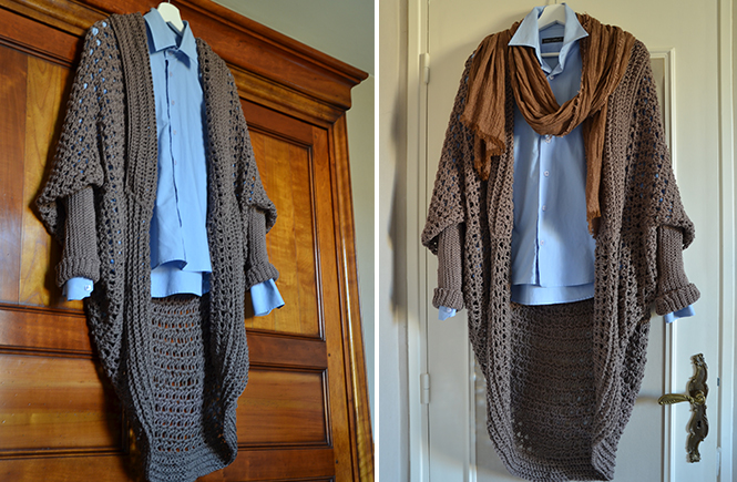 Photo d'une veste longue u crochet sur cintre sur Swanee Rose Le Blog