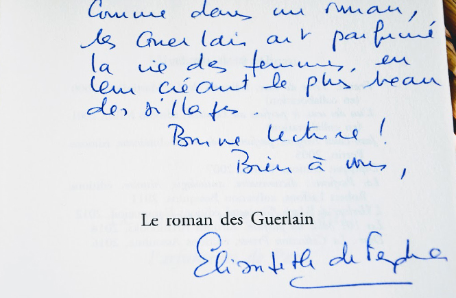 Dédicace d'Elisabeth de Feydeau pour Le roman des Guerlain