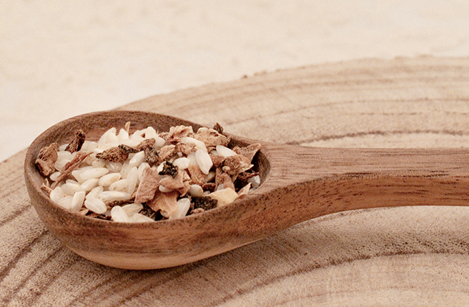 Cuillère en bois pleine de risotto aux champignons